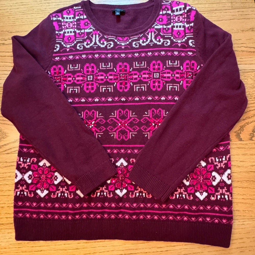 Talbots Crewneck Sweater Fair Isle Jeweled Lambswool Blend Size‎ PXL Petite
